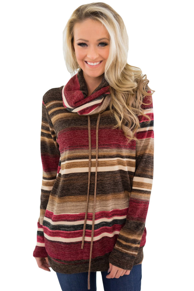 Red Multicolor Cowl Neck Striped Long Sleeve Sweatshirt