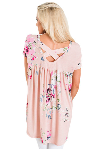 Pink Floral Print Criss Cross Back Top