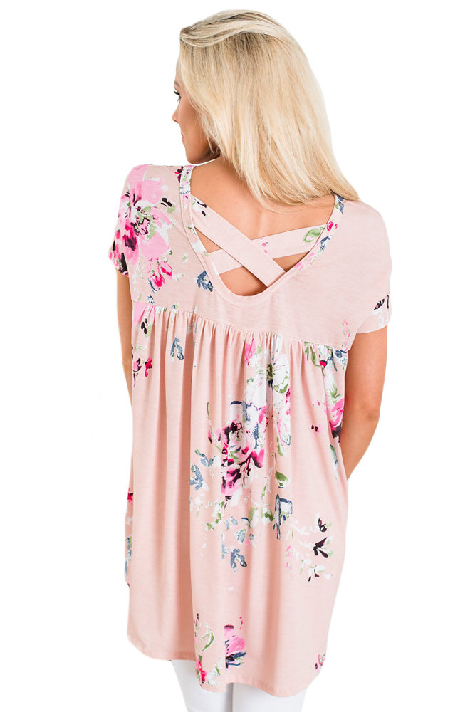 Pink Floral Print Criss Cross Back Top