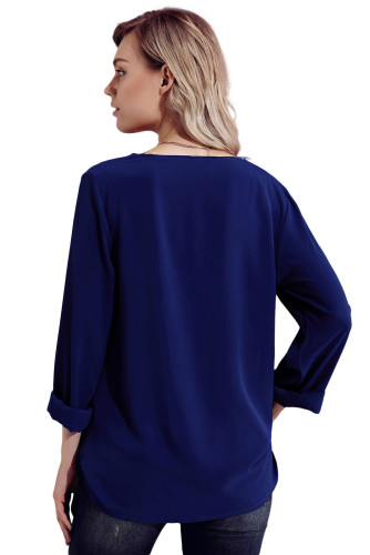 Navy Turndown Collar Asymmetric Button Down Blouse