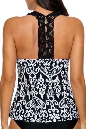 Patchwork Printed Open Back Tankini Swim Top