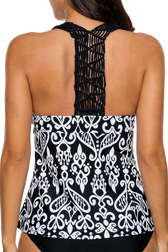 Patchwork Printed Open Back Tankini Swim Top