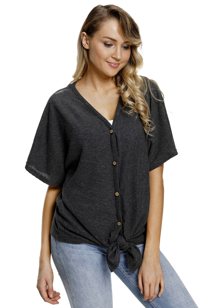 Black Dolman Buttoned Front Top with Tie