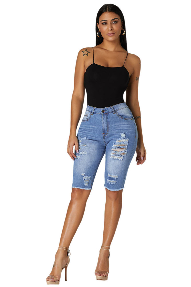 Light Blue Wash Denim Destroyed Bermuda Shorts
