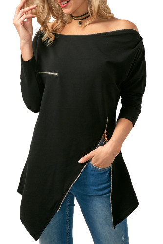 Black Zipper Embellished Asymmetric Hem Blouse