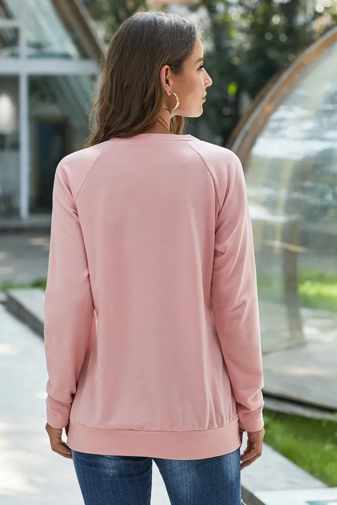 Gold Zip Detail Pink Pullover Sweatshirt