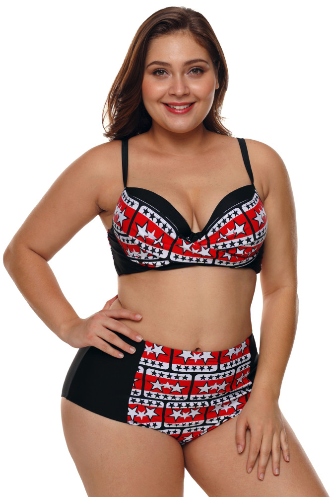 Plus Size Black White Stars Print Bikini Swimsuit