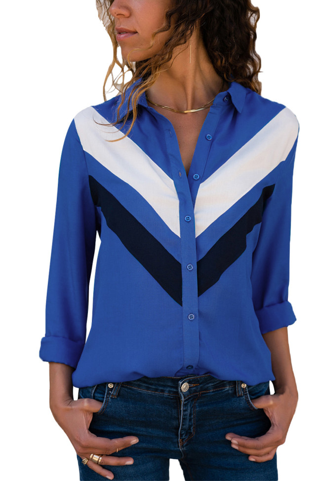 Double V Color Block Blue Relaxed Boyfriend Shirt