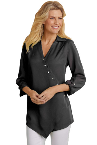 Black Roll Tab Long Sleeve Asymmetric Button Blouse