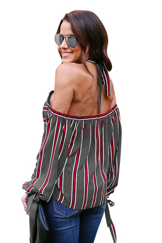 Red White Stripes Grey Cold Shoulder Blouse