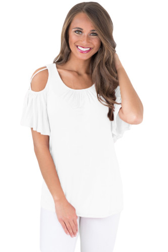 White Crisscross Cold Shoulder Ruffle Sleeve Top