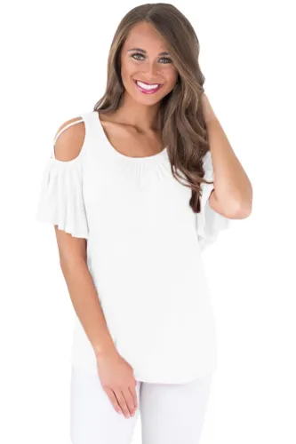 White Crisscross Cold Shoulder Ruffle Sleeve Top