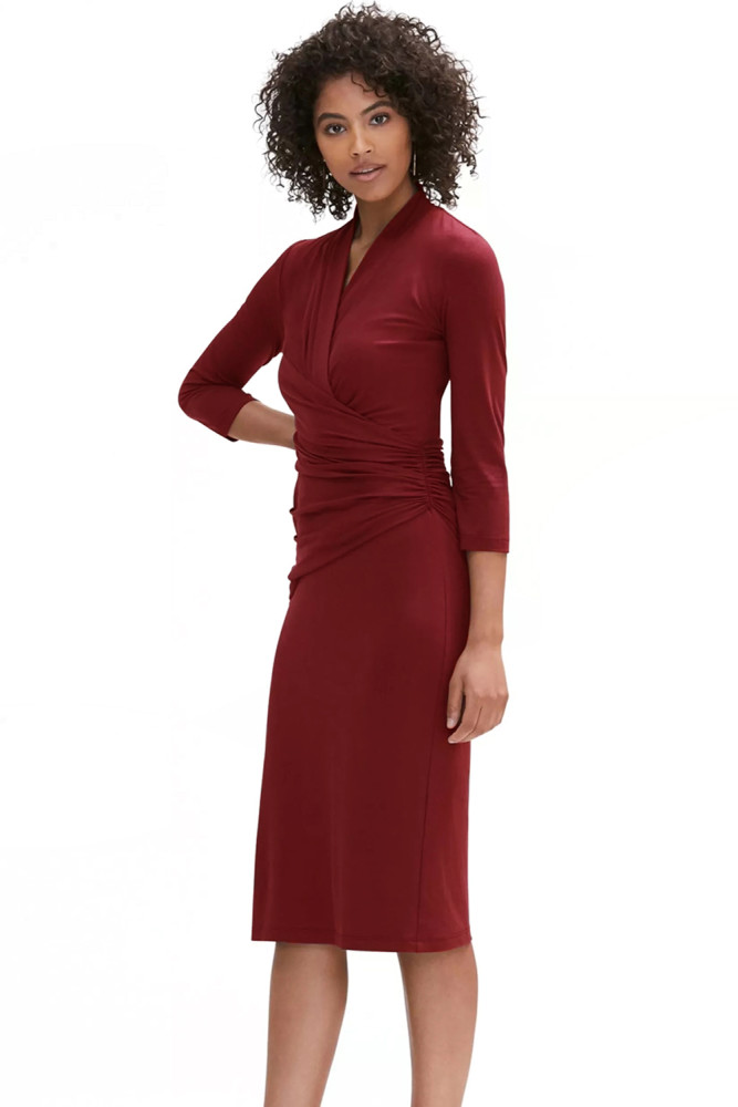 Dark Red Long Sleeve Pleated Wrap Midi Dress