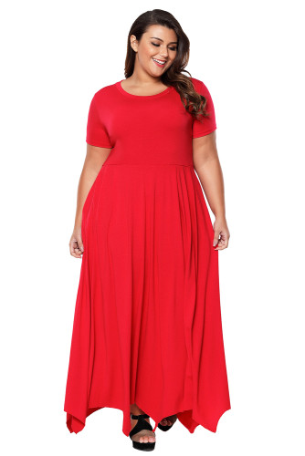 Red Plus Size Jersey Handkerchief Hem Dress