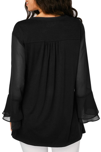 Black Split Neck Layered Bell Sleeve Blouse