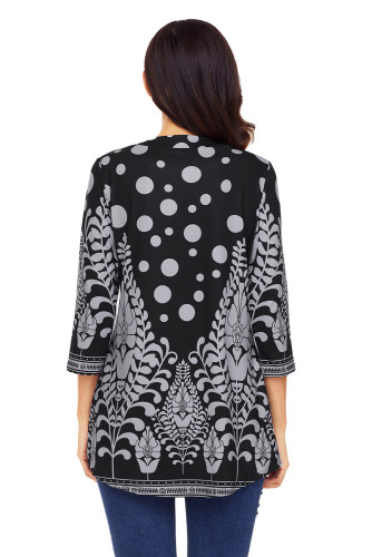 Black Grey Floral Print Flowy Blouse