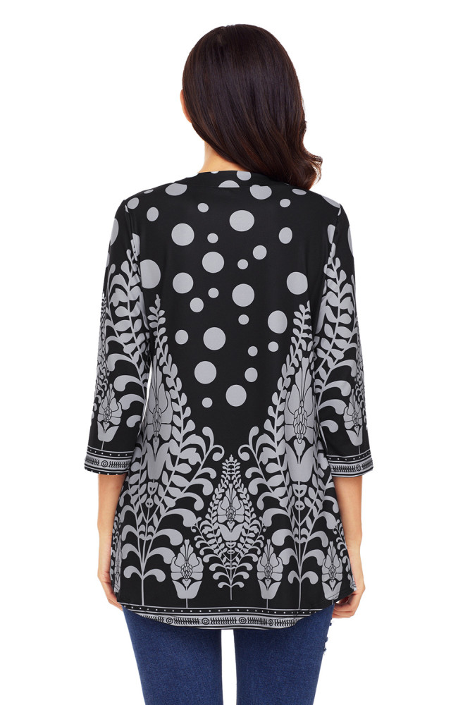 Black Grey Floral Print Flowy Blouse