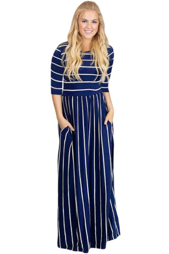 Navy White Striped Casual Pocket Style Maxi Dress