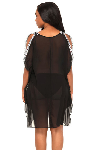 Delicate Embroidery Black Cold Shoulder Sheer Mesh Cover Up