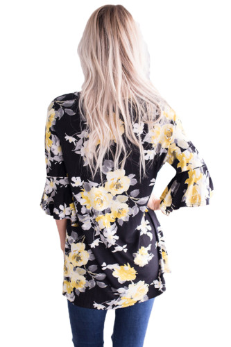 Mid Length Bell Sleeve Black Yellow Floral Blouse