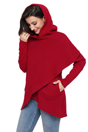 Burgundy Tulip Wrap Cape Style Long Sleeve Hoodie