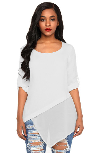 White Roll-tab Sleeve Asymmetric Hemline Crepe Blouse