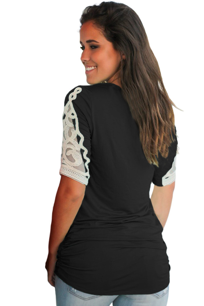 Black Ruched Top with Crochet Detail