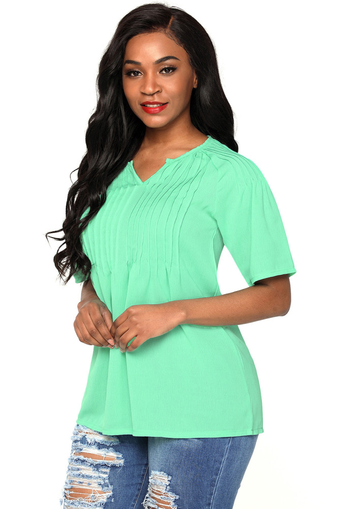 Green Pintucks Detail Raglan Sleeves Blouse