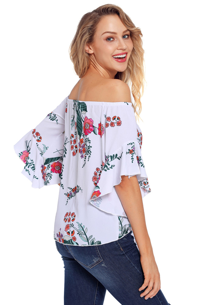White Floral Tie Front Off The Shoulder Top