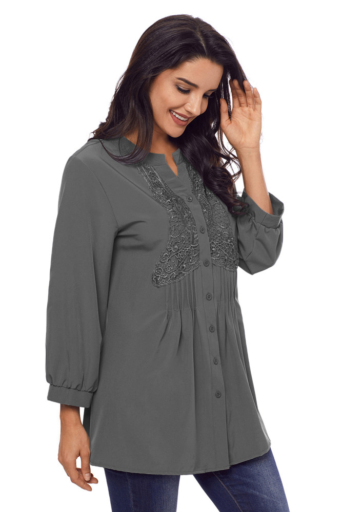 Gray Lace and Pleated Detail Button up Blouse