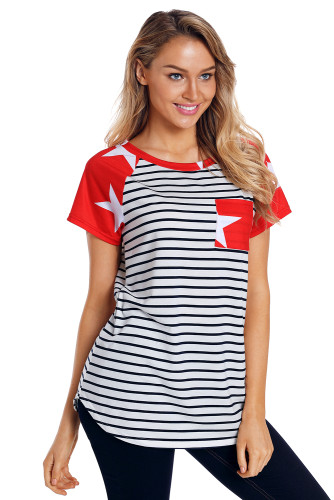 Star Short Sleeves Red Black American Flag T-shirt
