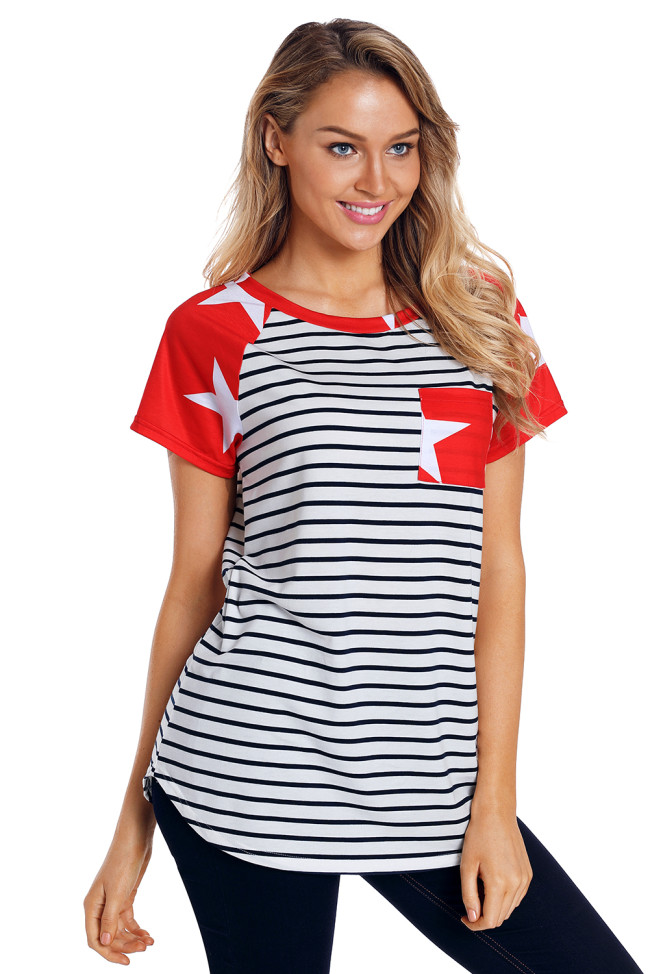 Star Short Sleeves Red Black American Flag T-shirt