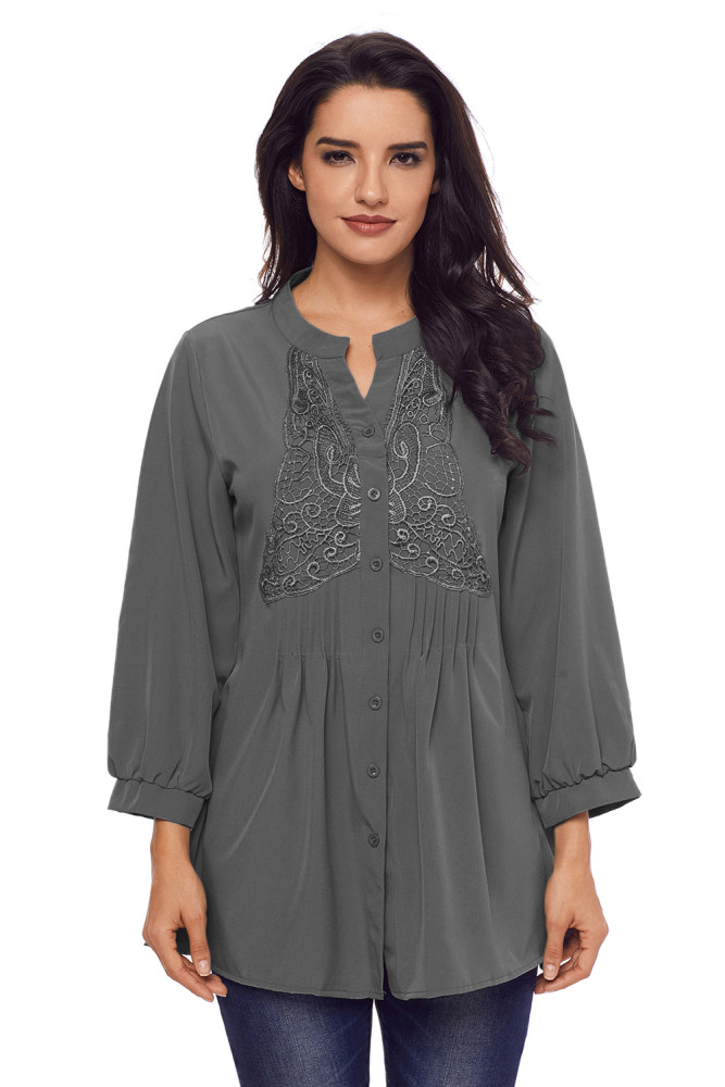 Gray Lace and Pleated Detail Button up Blouse