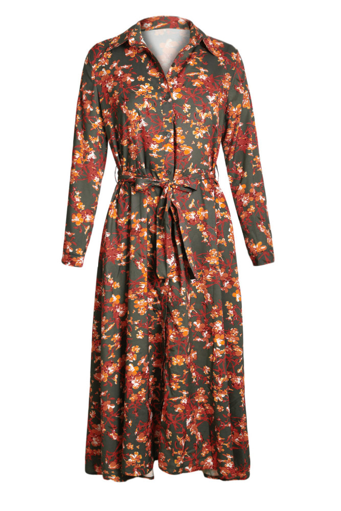 Taupe Floweret Print Button Down Belted Shirt Dress