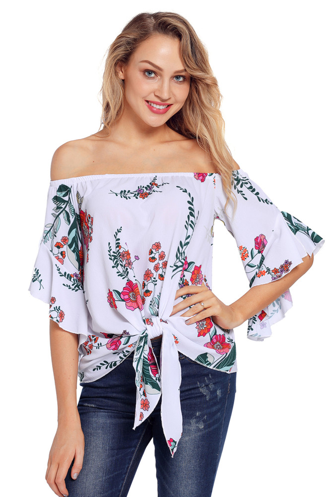 White Floral Tie Front Off The Shoulder Top