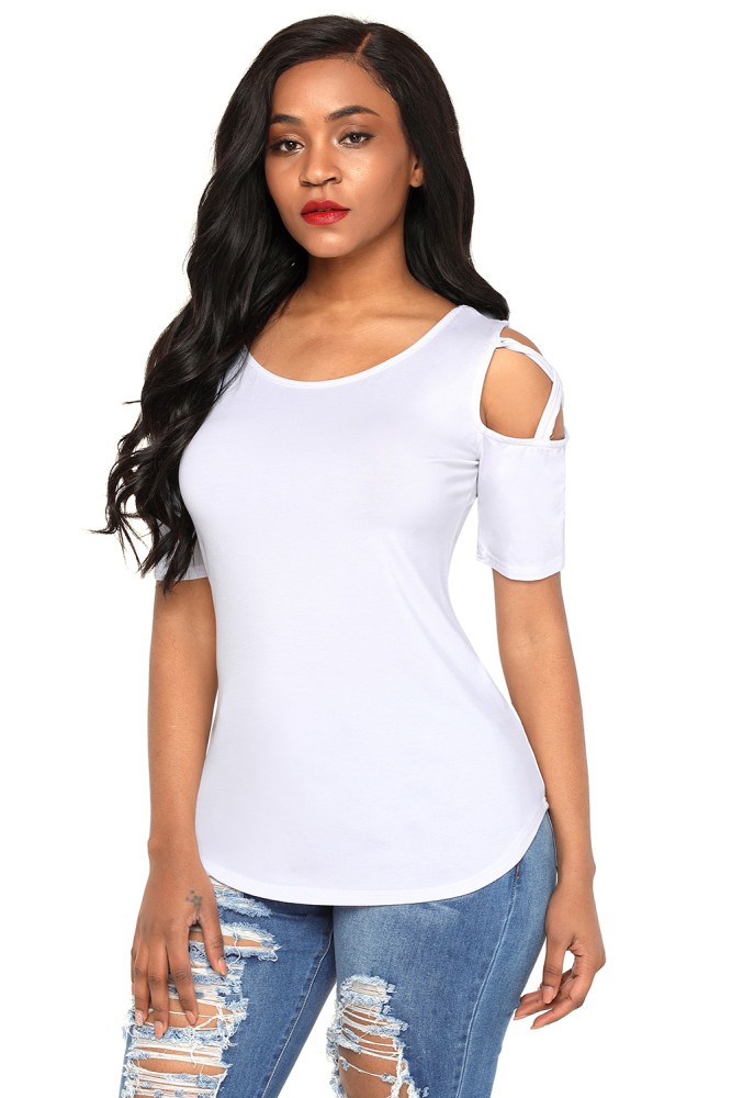 White Crisscross Cold Shoulder Short Sleeve Shirt
