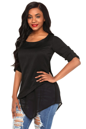 Black Roll-tab Sleeve Asymmetric Hemline Crepe Blouse