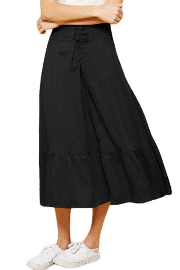 Lace-up High Waist Black Ruffle Hem A-line Skirt
