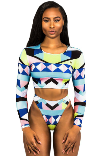 Geometric Colorblock Long Sleeve High Waist Swimsuit