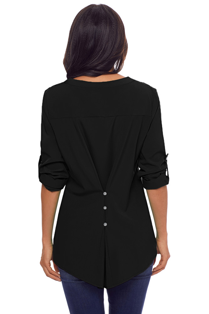 Black Lace Panel Split Neck Roll Tab Sleeve Blouse