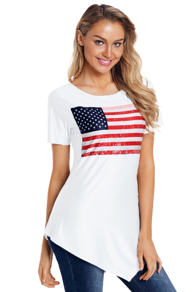 American Flag Print Asymmetric Hem T-shirt