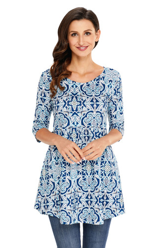 Mint Navy Leafy Print Elegant Long Top