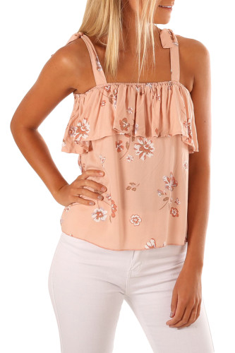 Tie-shoulder Straps Light Coral Ruffle Floral Vest