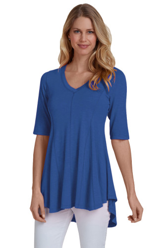 Royal Blue Half Sleeve V Neck A-Line Top