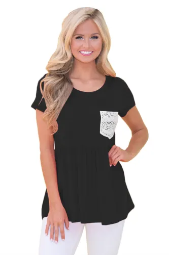 Black Lace Pocket Patch Babydoll Blouse Top
