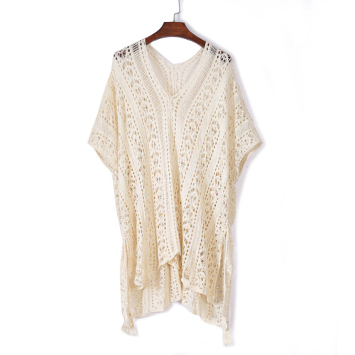 Apricot Crochet Knitted Tassel Tie Kimono Beachwear