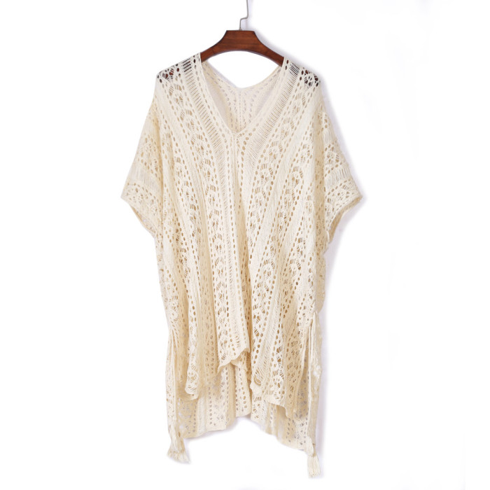 Apricot Crochet Knitted Tassel Tie Kimono Beachwear