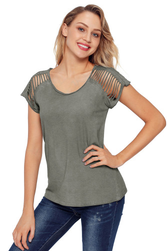 Gray Ripped Hollow Out Shoulder Tie Dye T-Shirt Top