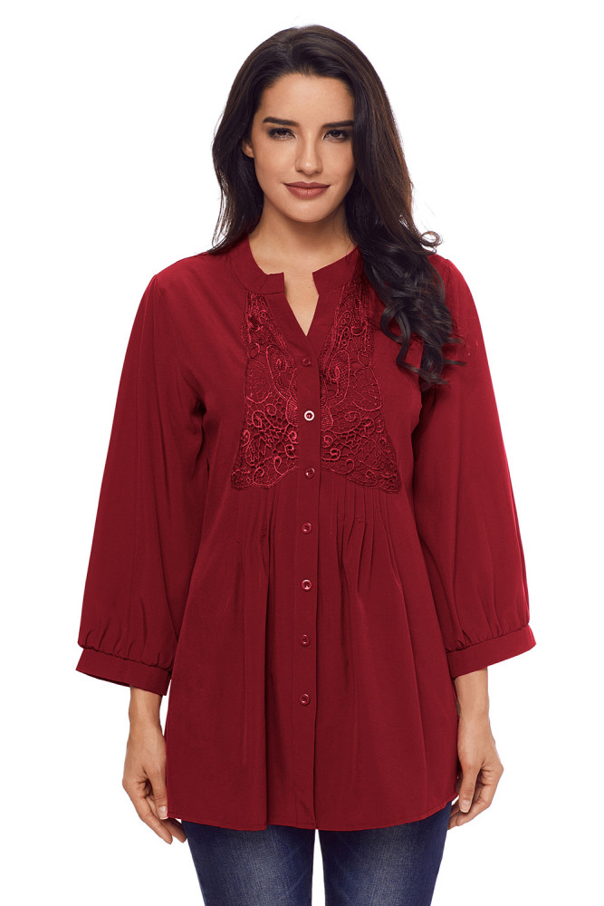Wine Lace and Pleated Detail Button up Blouse