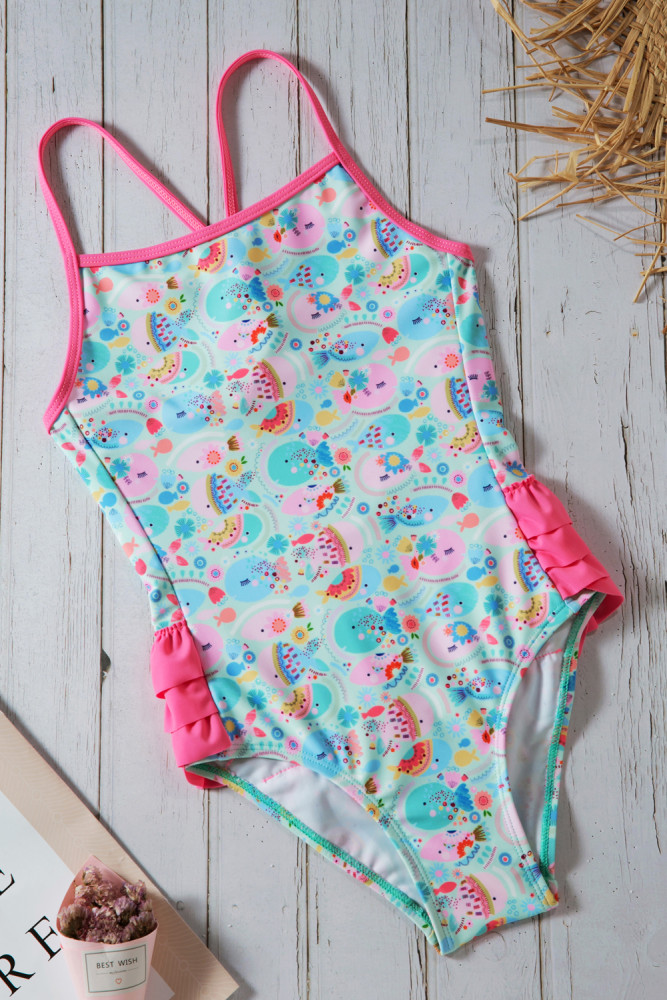 Girls’ Cartoon Fish World Ruffle Back Teddy Swimsuit